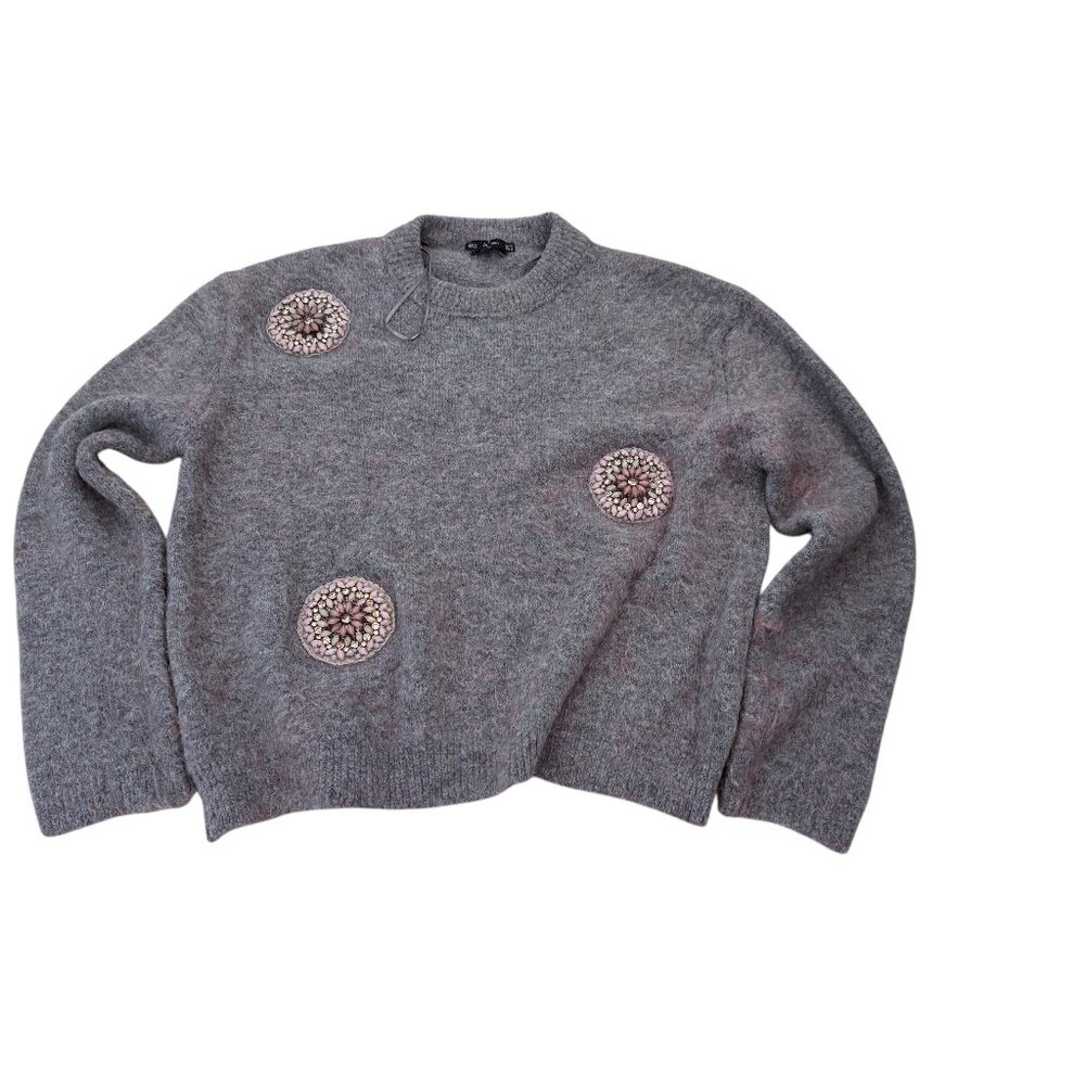 ZARA SOFT KNIT CREWNECK SWEATER SIZE Small Beaded APPLIQUE Italian yarn - Picture 1 of 12